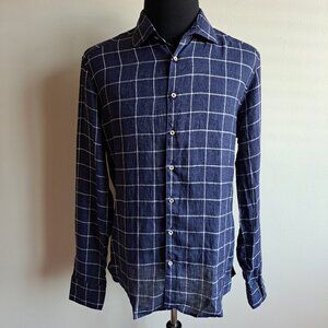 NEW Stenstroms Checked Button Down Slimline 100% Linen Dress Shirt Size XL